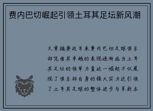 费内巴切崛起引领土耳其足坛新风潮