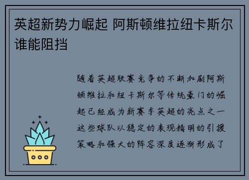 英超新势力崛起 阿斯顿维拉纽卡斯尔谁能阻挡